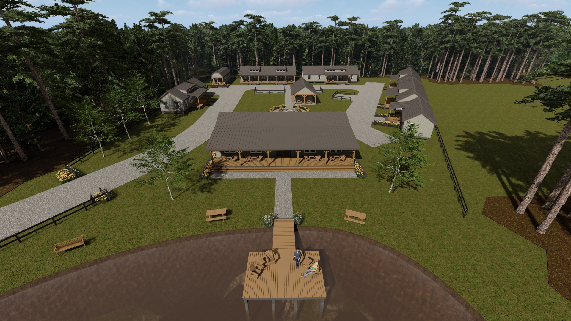 Aerial rendering of the future Segulah House campus with a central pavilion and surrounding cottages