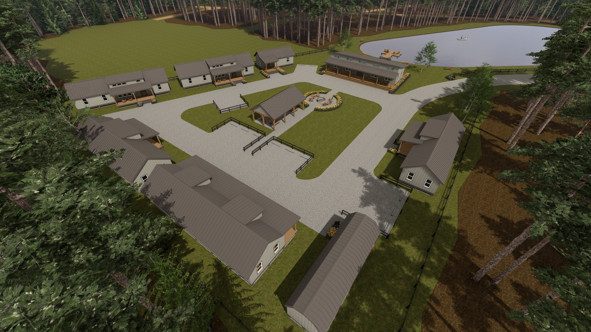 Rendering of the Segulah House campus with cottages, a fire pit, and a nearby lake